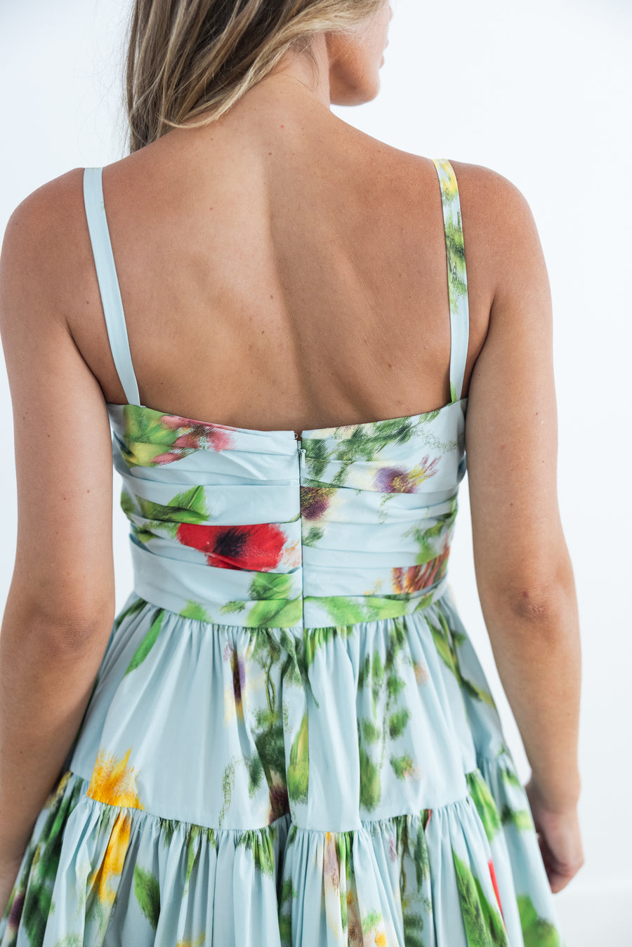 OSCAR DE LA RENTA SLEEVELESS CHINE MULTI FLORAL POPLIN DRESS - SALTWATER MULTI