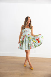 OSCAR DE LA RENTA SLEEVELESS CHINE MULTI FLORAL POPLIN DRESS - SALTWATER MULTI