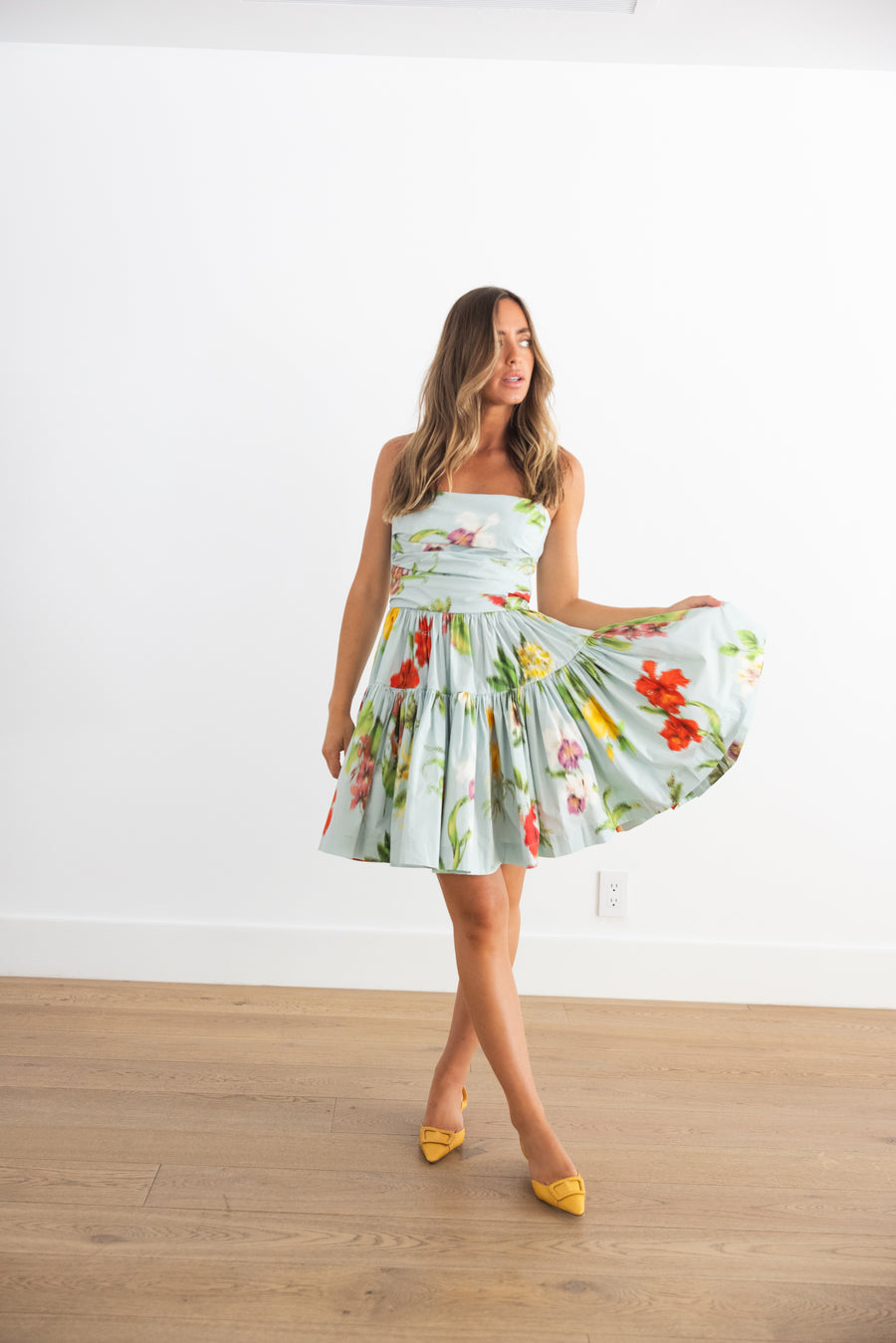 OSCAR DE LA RENTA SLEEVELESS CHINE MULTI FLORAL POPLIN DRESS - SALTWATER MULTI