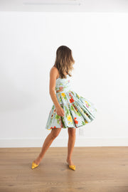 OSCAR DE LA RENTA SLEEVELESS CHINE MULTI FLORAL POPLIN DRESS - SALTWATER MULTI