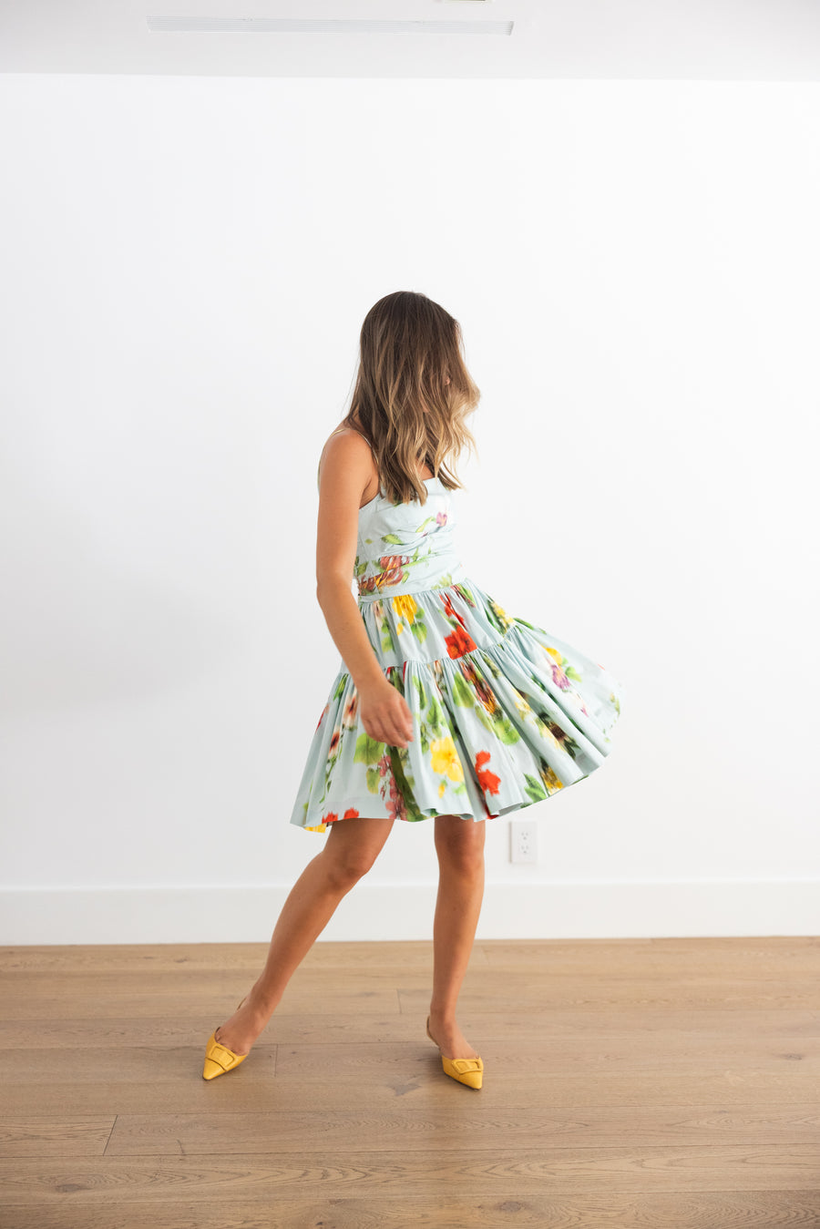 OSCAR DE LA RENTA SLEEVELESS CHINE MULTI FLORAL POPLIN DRESS - SALTWATER MULTI