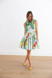 OSCAR DE LA RENTA SLEEVELESS CHINE MULTI FLORAL POPLIN DRESS - SALTWATER MULTI