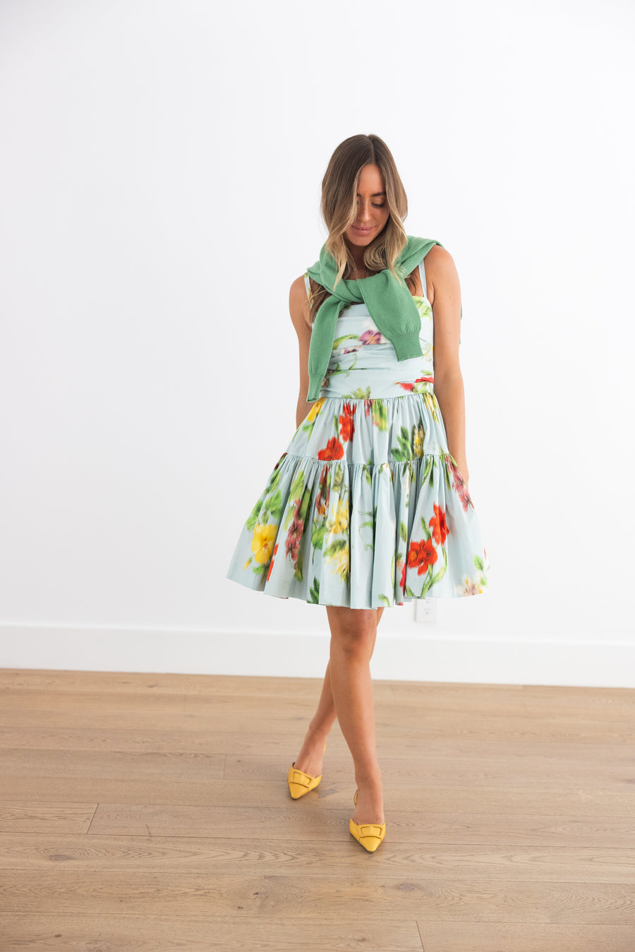 OSCAR DE LA RENTA SLEEVELESS CHINE MULTI FLORAL POPLIN DRESS - SALTWATER MULTI