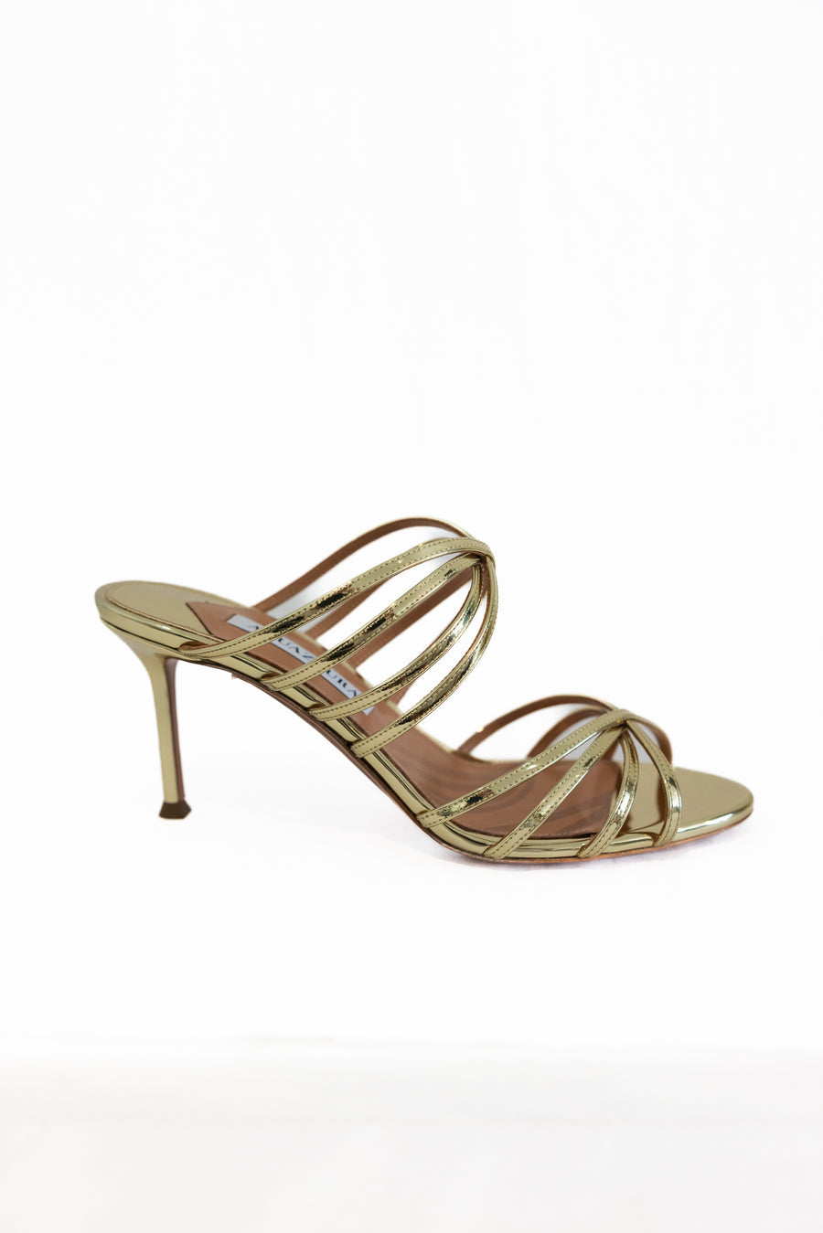 AQUAZZURA TELL ME MIRRORED LEATHER SANDALS MULE 75MM - GOLD