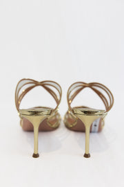 AQUAZZURA TELL ME MIRRORED LEATHER SANDALS MULE 75MM - GOLD