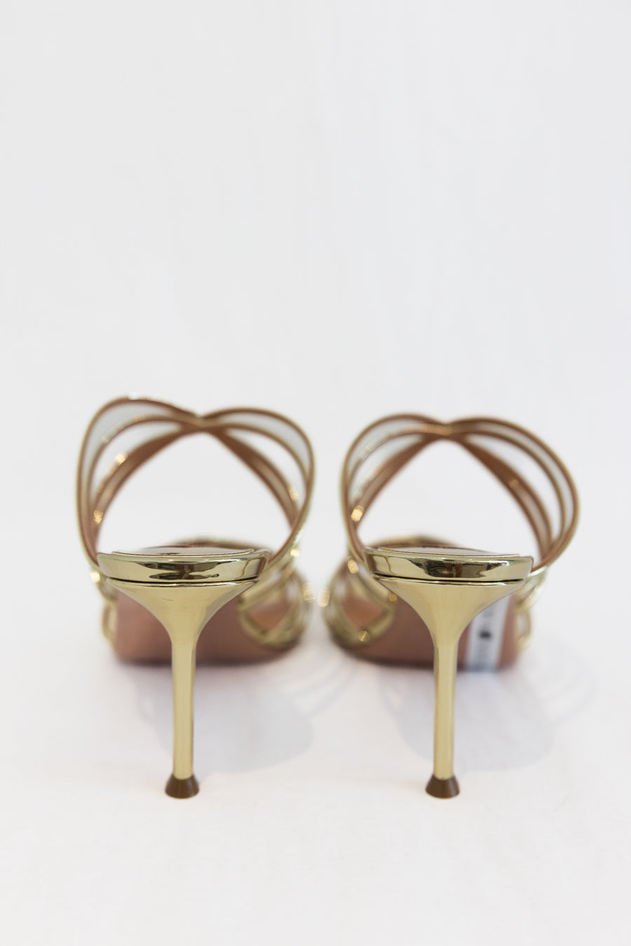 AQUAZZURA TELL ME MIRRORED LEATHER SANDALS MULE 75MM - GOLD