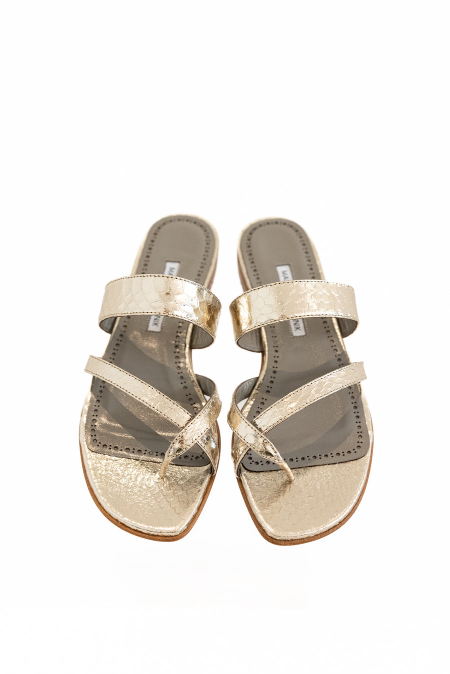 MANOLO BLAHNIK SNAKESKIN SUSA FLAT PLATINUM