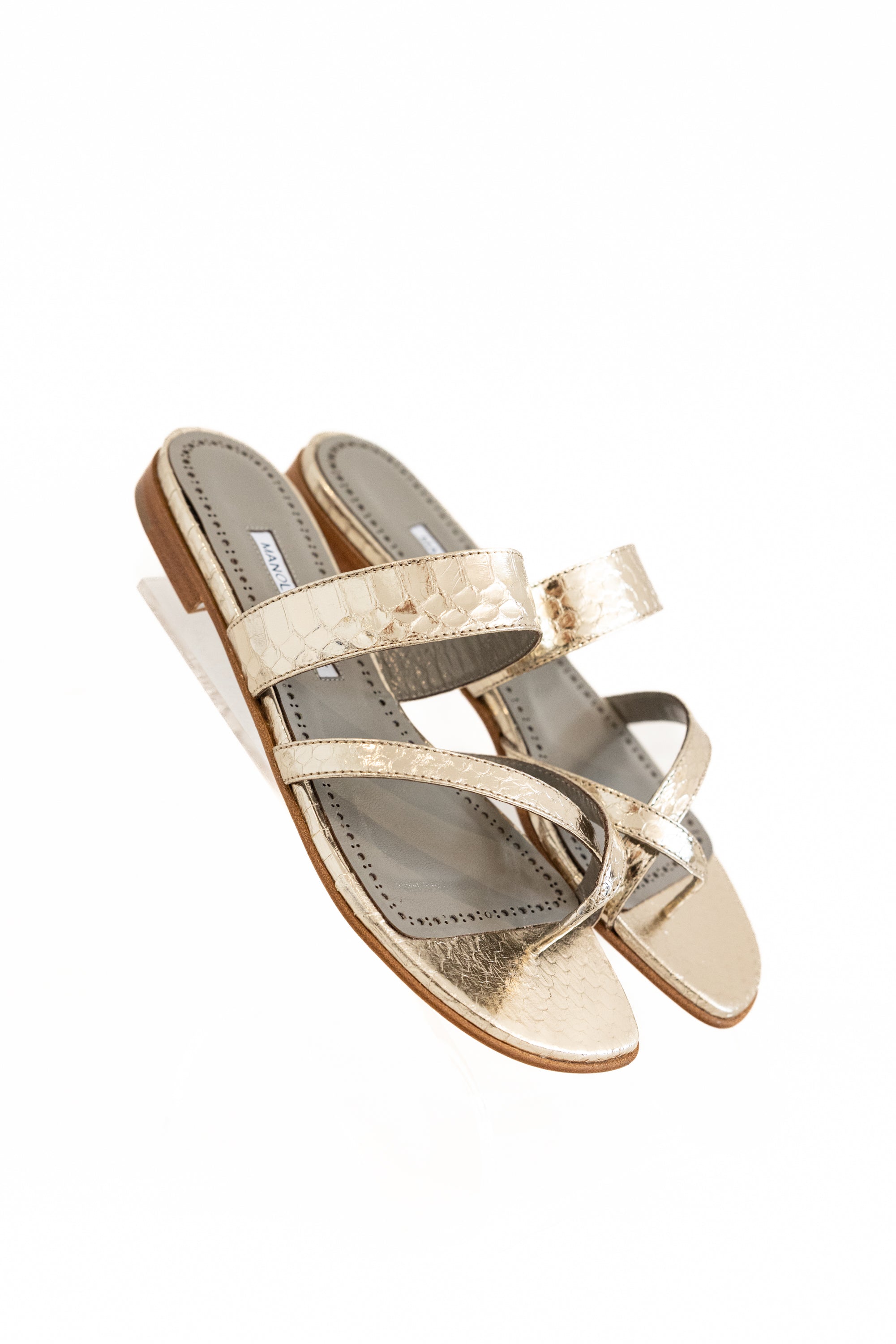 MANOLO BLAHNIK SNAKESKIN SUSA FLAT PLATINUM