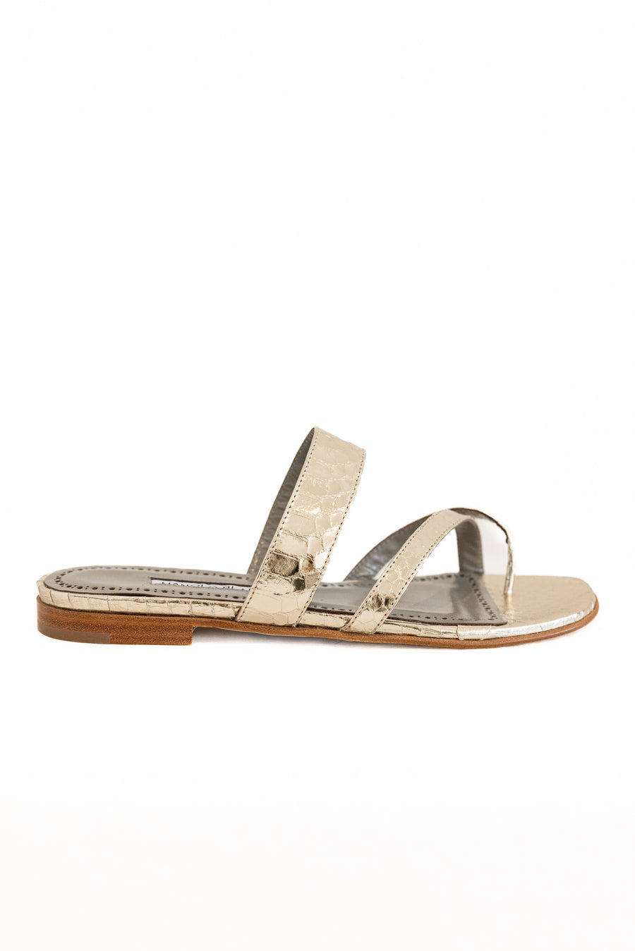 MANOLO BLAHNIK SNAKESKIN SUSA FLAT PLATINUM