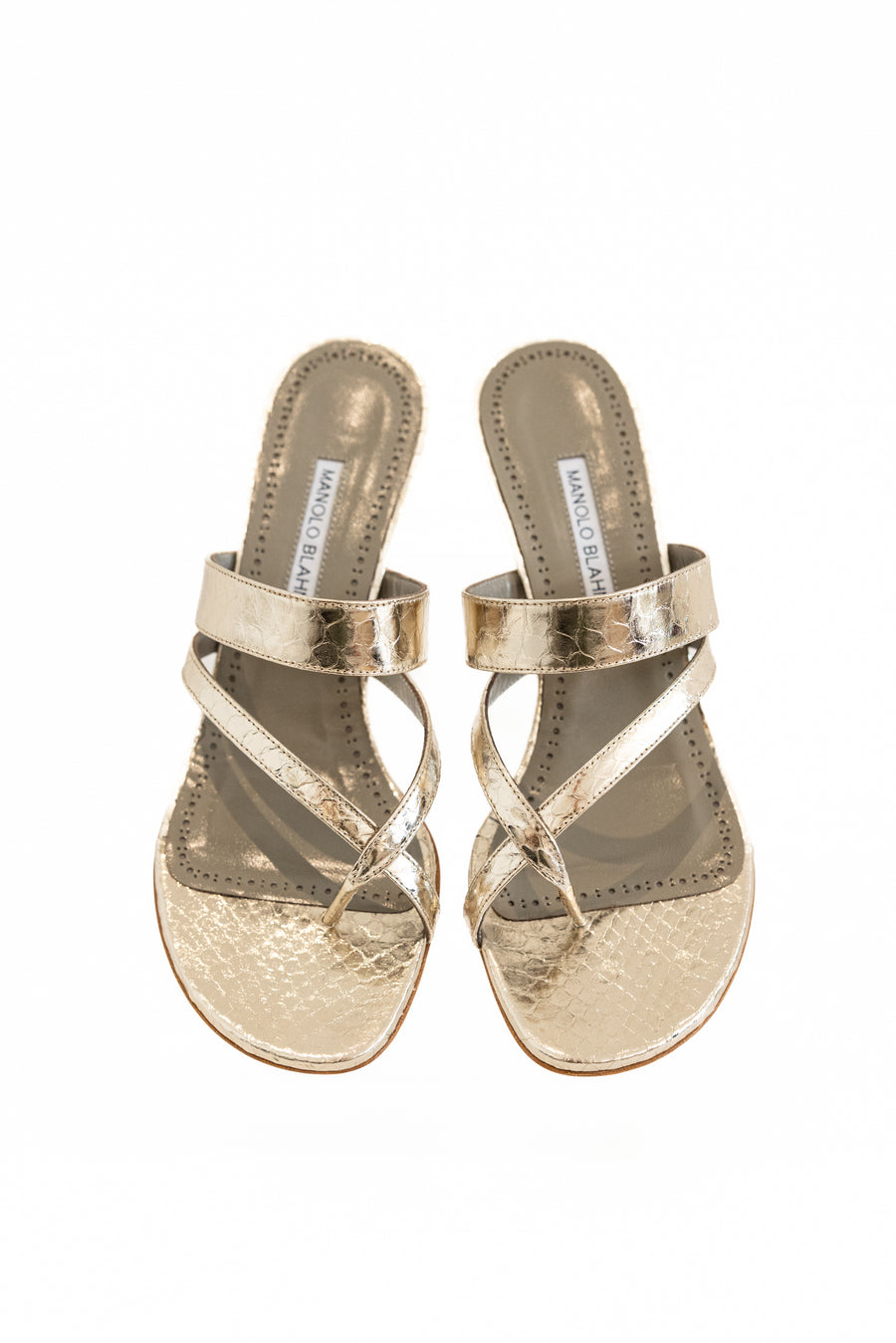 MANOLO BLAHNIK KITTEN HEEL SNAKE SANDAL PLATINUM