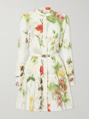 OSCAR DE LA RENTA LONG SLEEVE CHINE MULTI FLORAL VOILLE DAY DRESS - IVORY MULTI