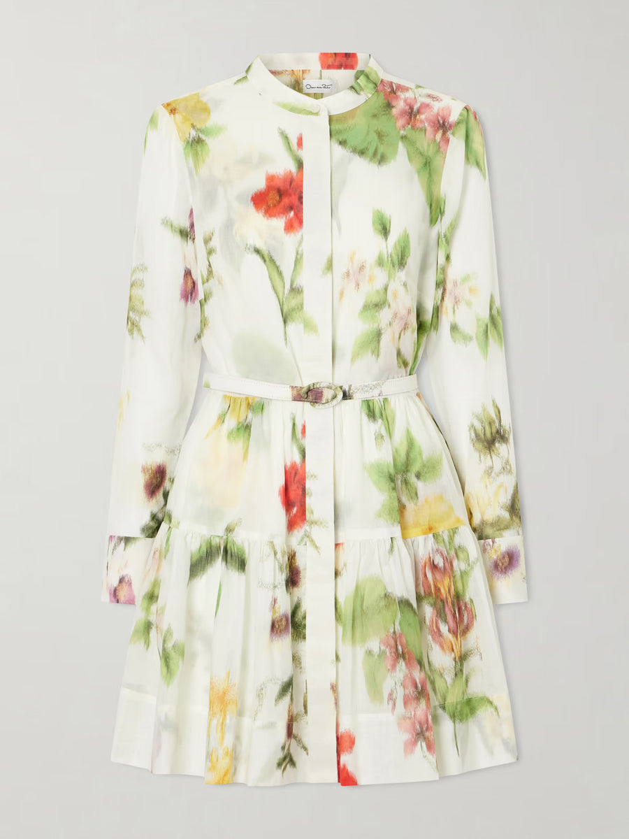 OSCAR DE LA RENTA LONG SLEEVE CHINE MULTI FLORAL VOILLE DAY DRESS - IVORY MULTI