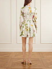 OSCAR DE LA RENTA LONG SLEEVE CHINE MULTI FLORAL VOILLE DAY DRESS - IVORY MULTI