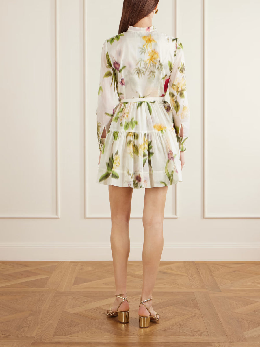OSCAR DE LA RENTA LONG SLEEVE CHINE MULTI FLORAL VOILLE DAY DRESS - IVORY MULTI