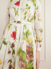 OSCAR DE LA RENTA LONG SLEEVE CHINE MULTI FLORAL VOILLE DAY DRESS - IVORY MULTI