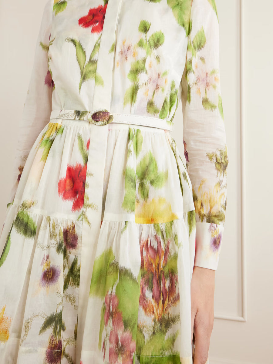 OSCAR DE LA RENTA LONG SLEEVE CHINE MULTI FLORAL VOILLE DAY DRESS - IVORY MULTI