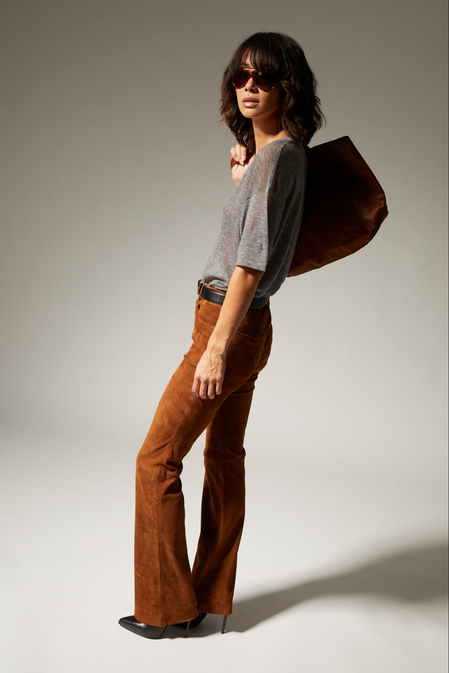 SPRWMN 5 POCKET MICRO FLARE SUEDE  DARK COGNAC