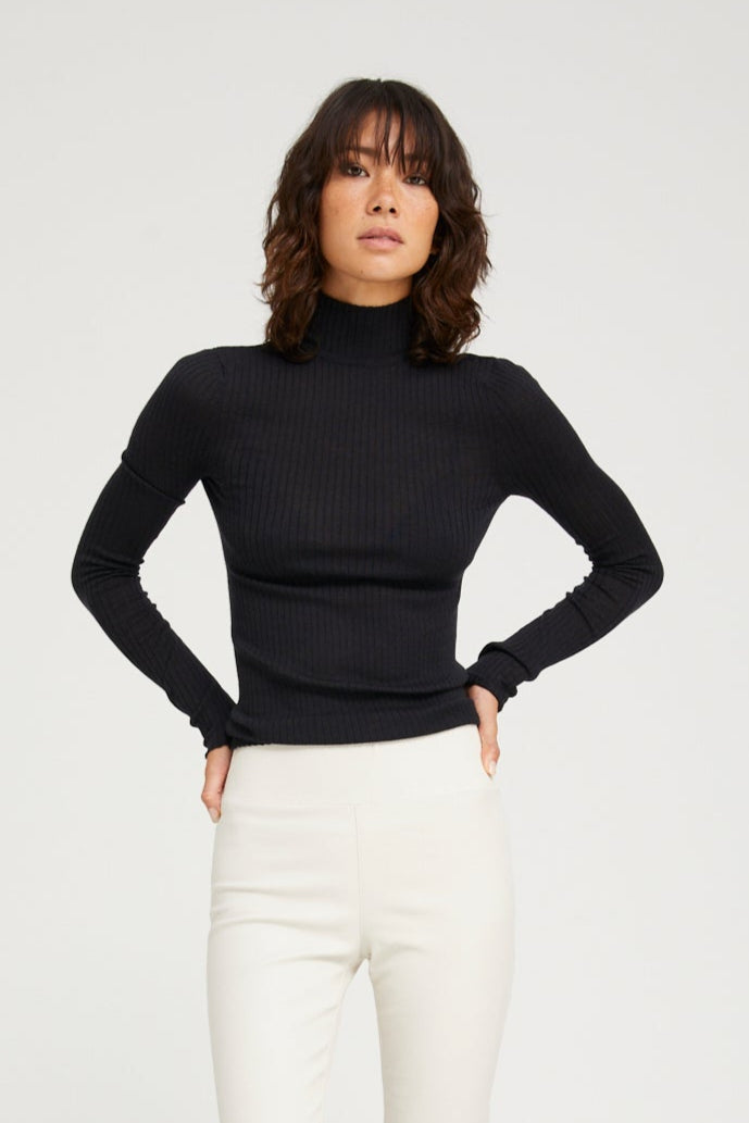 SPRWMN LONG SLEEVE MOCK NECK CASHMERE TOP - BLACK