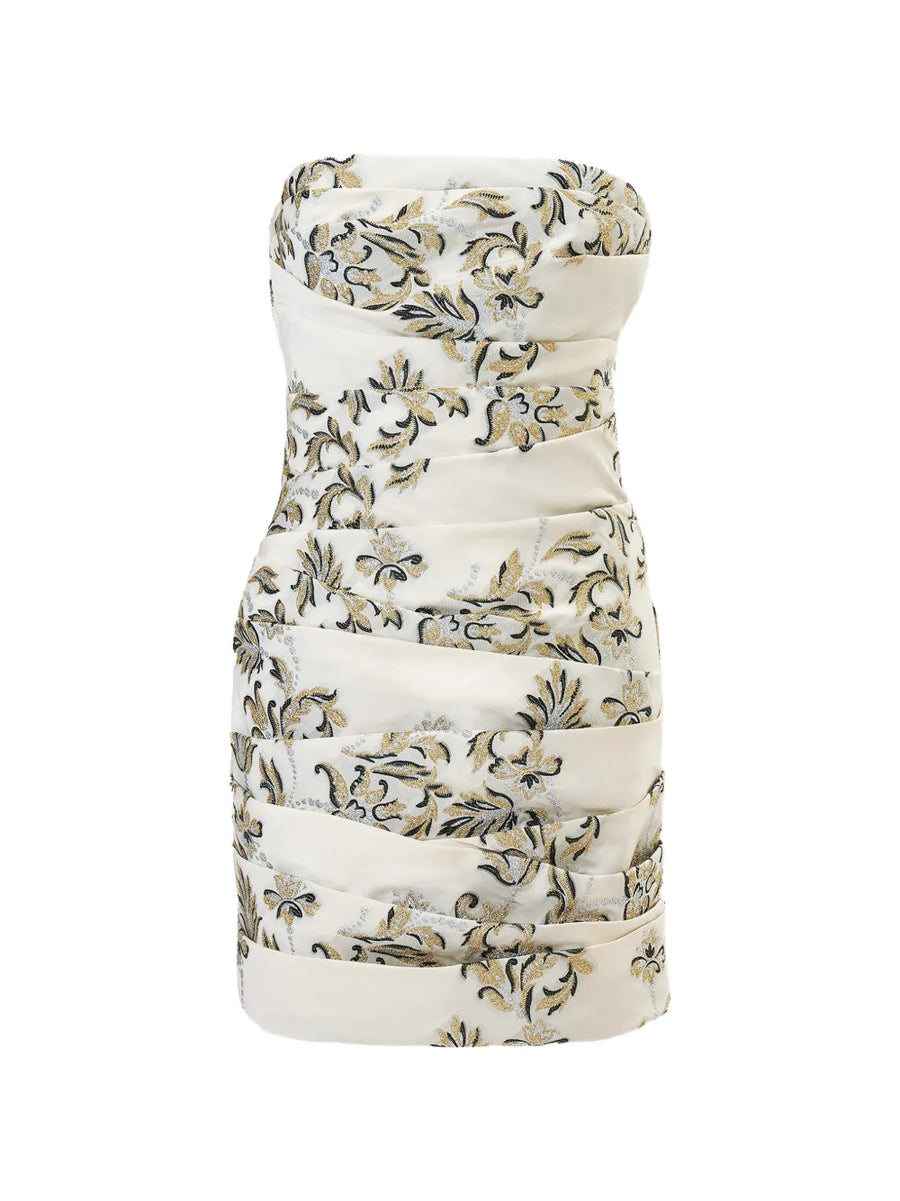 CAROLINA HERRERA LUREX TRELLIS JACQUARD RUCHED MINI DRESS - IVORY MULTI
