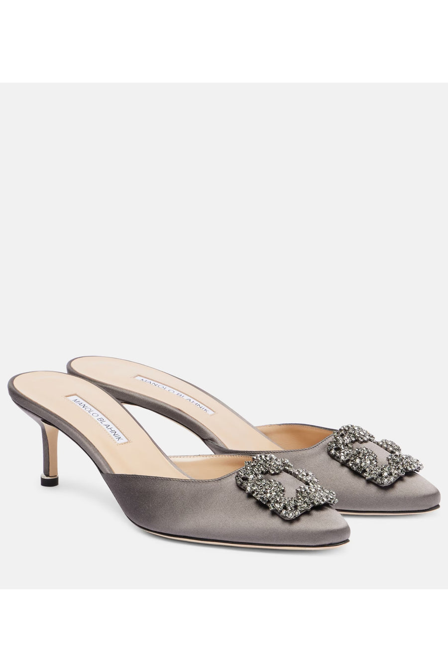 MANOLO BLAHNIK HANGISIMU EMBELLISHED SATIN MULES- DARK GREY