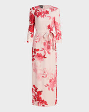 MONIQUE LHUILLIER ROSE PRINT CREPE BELTED BRACELET SLEEVE MAXI DRESS - POWDER PINK