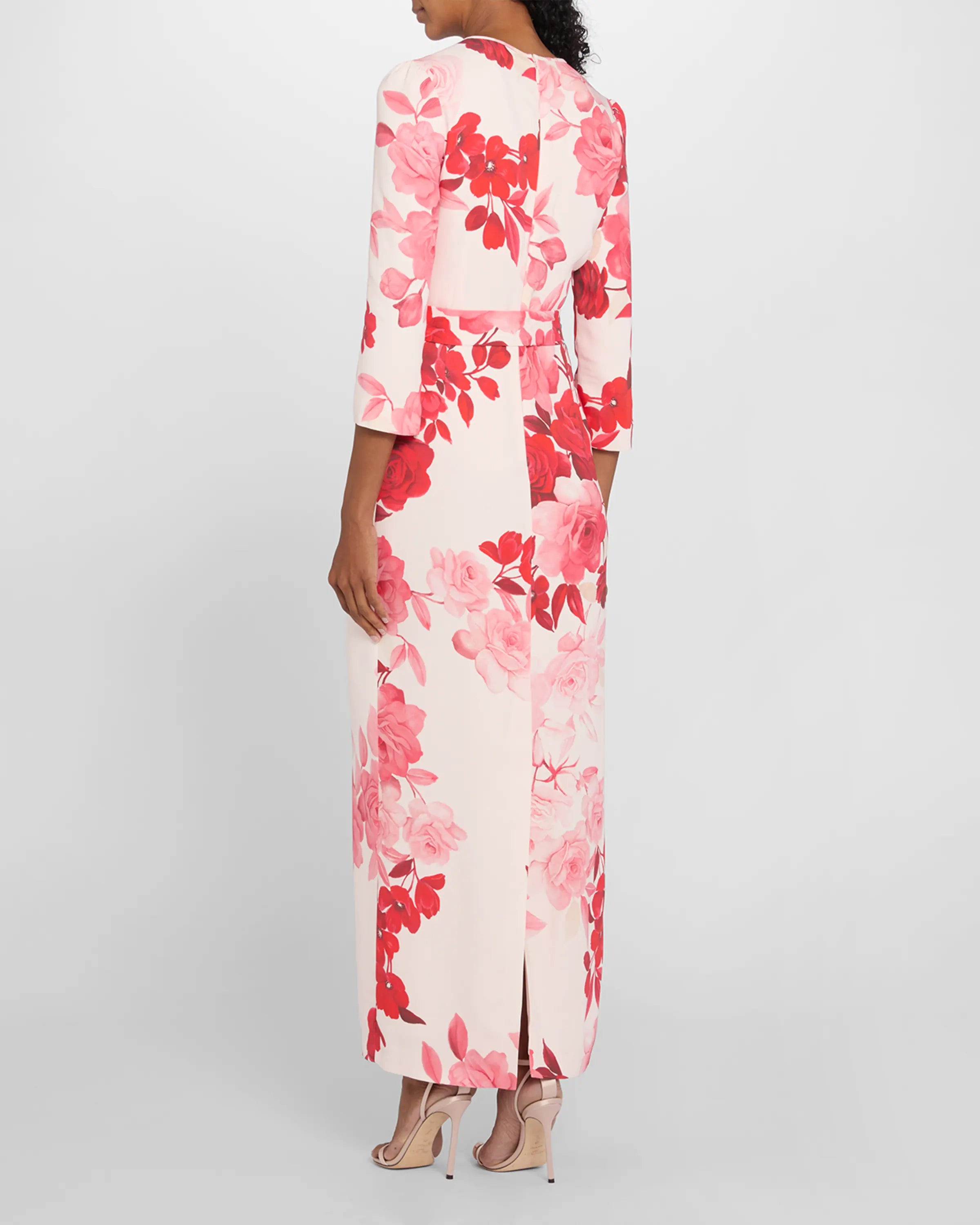 MONIQUE LHUILLIER ROSE PRINT CREPE BELTED BRACELET SLEEVE MAXI DRESS - POWDER PINK