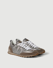 BRUNELLO CUCINELLI LAME CALFSKIN AND SUEDE RUNNERS WITH SHINY LOOP - SILVER