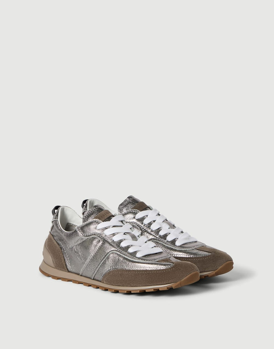 BRUNELLO CUCINELLI LAME CALFSKIN AND SUEDE RUNNERS WITH SHINY LOOP - SILVER