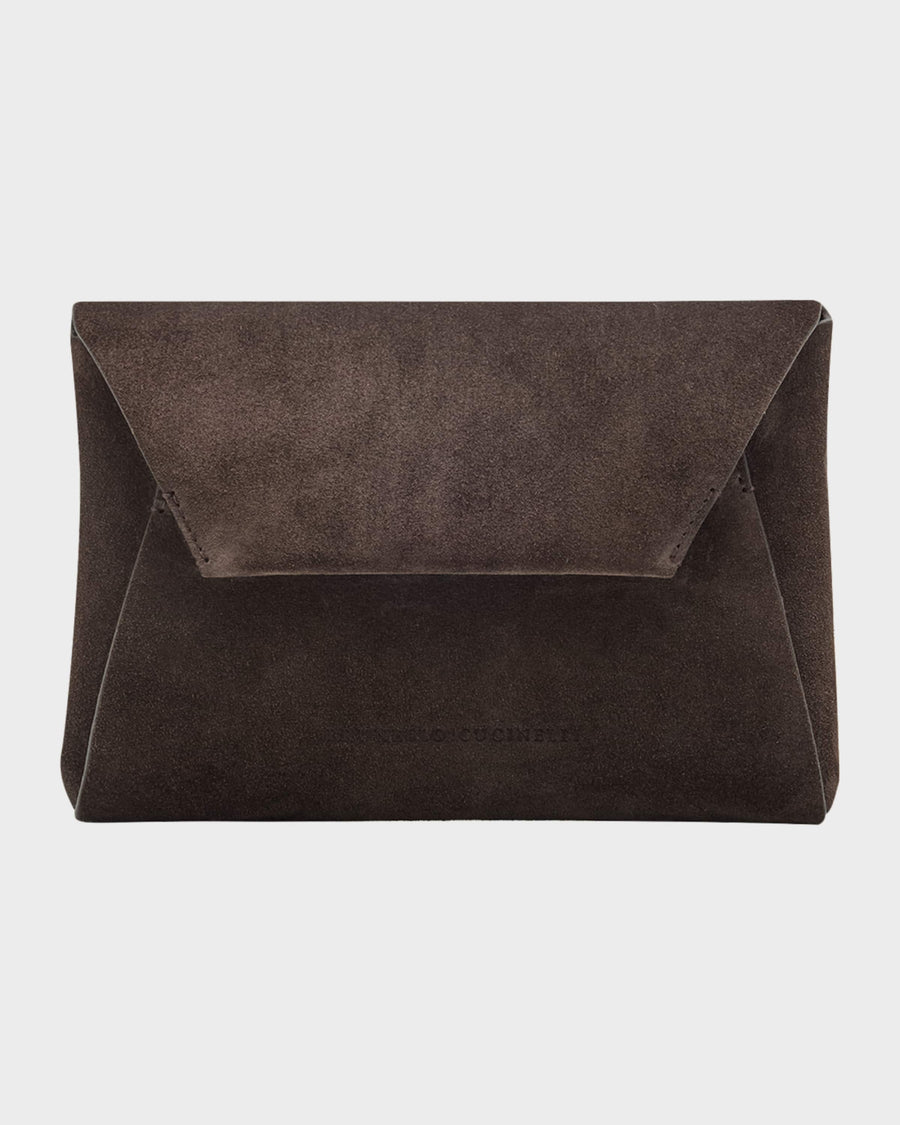 BRUNELLO CUCINELLI DUO POUCHETTE IN SUEDE WITH PRECIOUS CHAIN - ESPRESSO