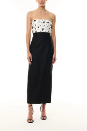 MONIQUE LHUILLIER STRAPLESS EMBROIDERED BODICE MIDI COCKTAIL DRESS - SILK WHITE/NOIR