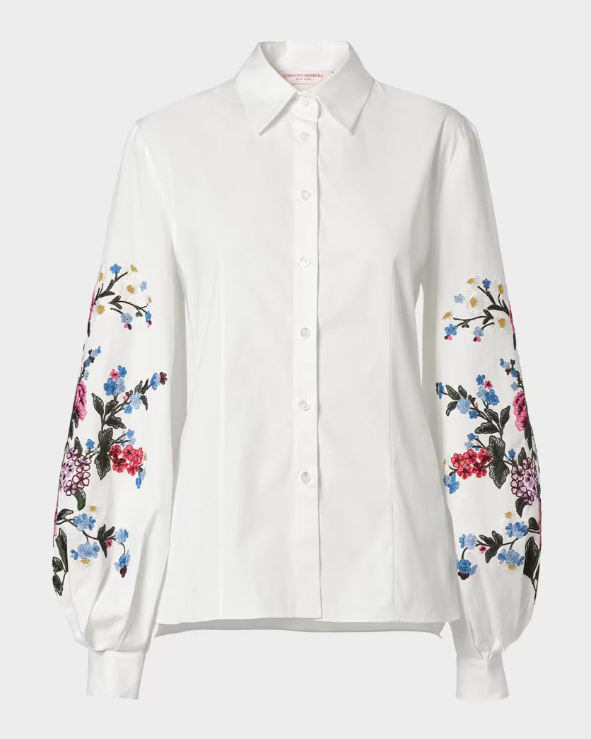CAROLINA HERRERA EMBROIDERED PUFF SLEEVE BUTTON DOWN SHIRT - WHITE