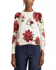 OSCAR DE LA RENTA LONG SLEEVE PEONY PRINT CARDIGAN - IVORY