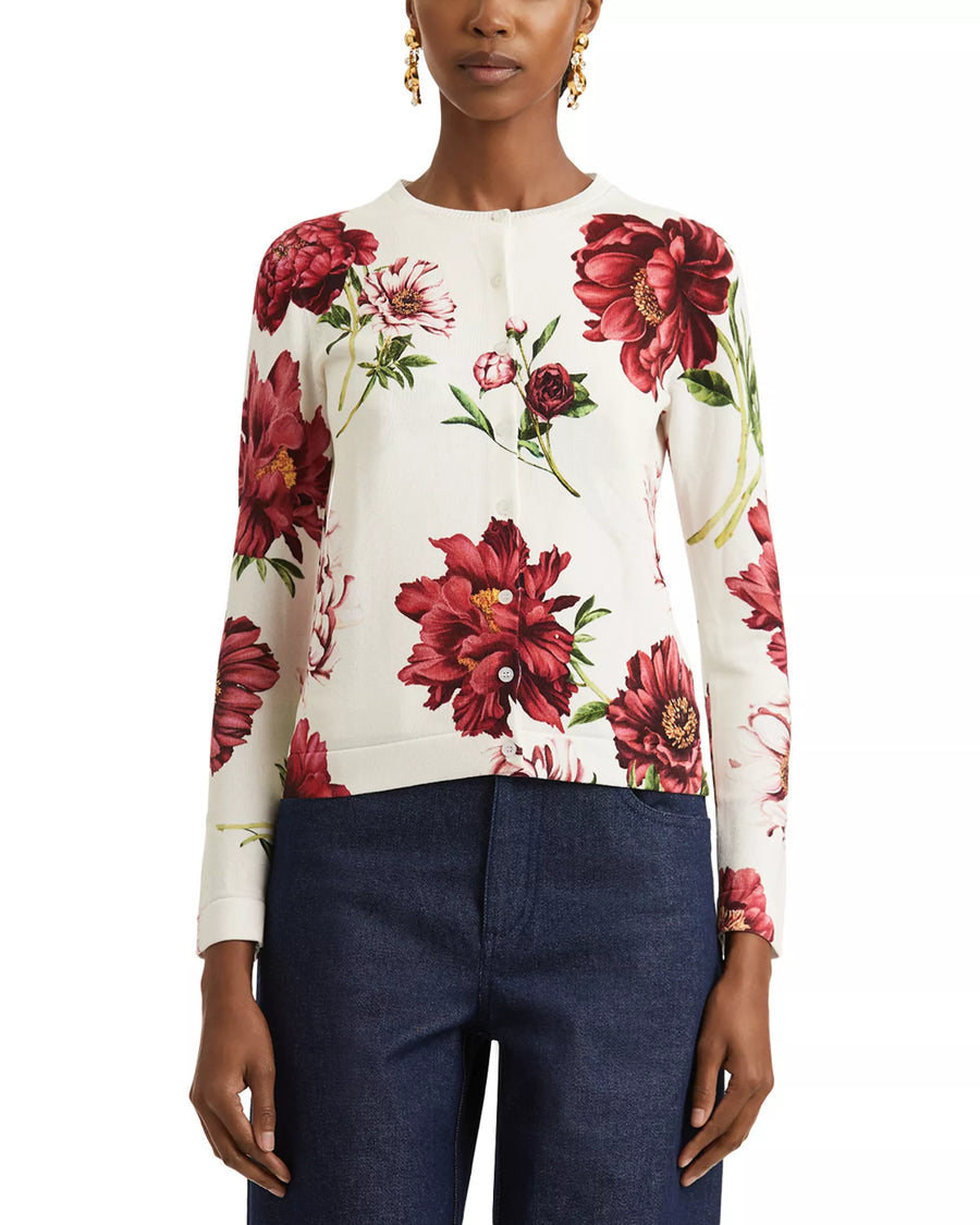 OSCAR DE LA RENTA LONG SLEEVE PEONY PRINT CARDIGAN - IVORY