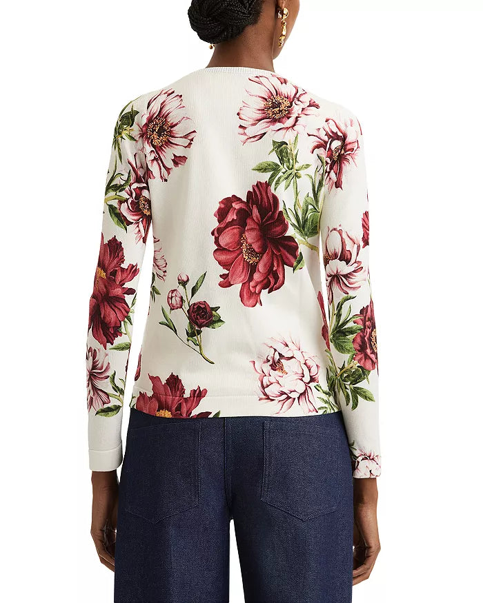 OSCAR DE LA RENTA LONG SLEEVE PEONY PRINT CARDIGAN - IVORY