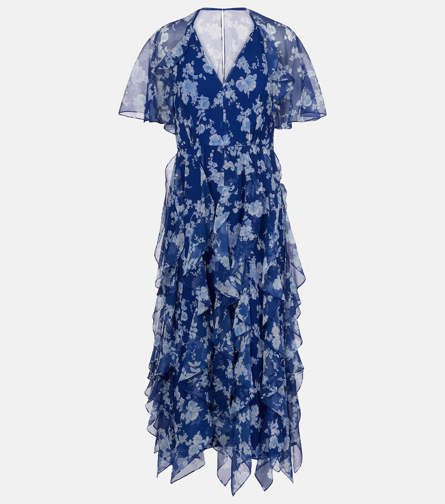 CAROLINA HERRERA FLORAL RUFFLED CHIFFON MIDI DRESS - NAUTILUS MULTI