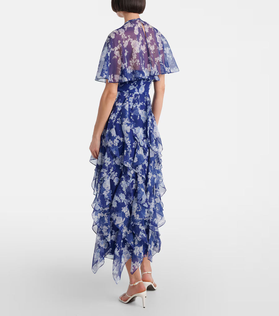 CAROLINA HERRERA FLORAL RUFFLED CHIFFON MIDI DRESS - NAUTILUS MULTI