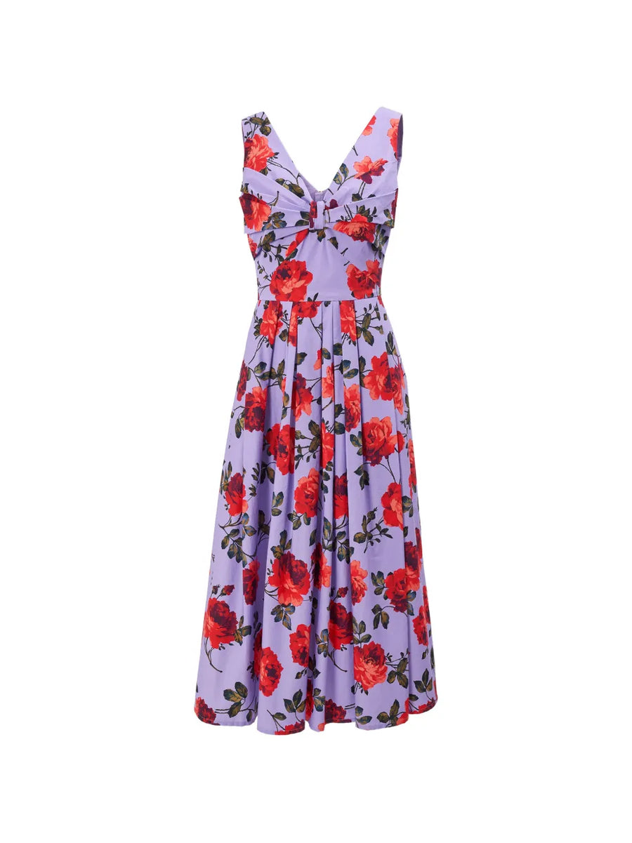CAROLINA HERRERA ROSE PRINT V-NECK MIDI DRESS - VIOLETA MULTI