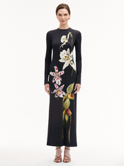 Oscar De La Renta Long Sleeve Large Orchid Jersey Dress