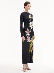 Oscar De La Renta Long Sleeve Large Orchid Jersey Dress