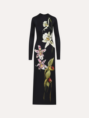 Oscar De La Renta Long Sleeve Large Orchid Jersey Dress