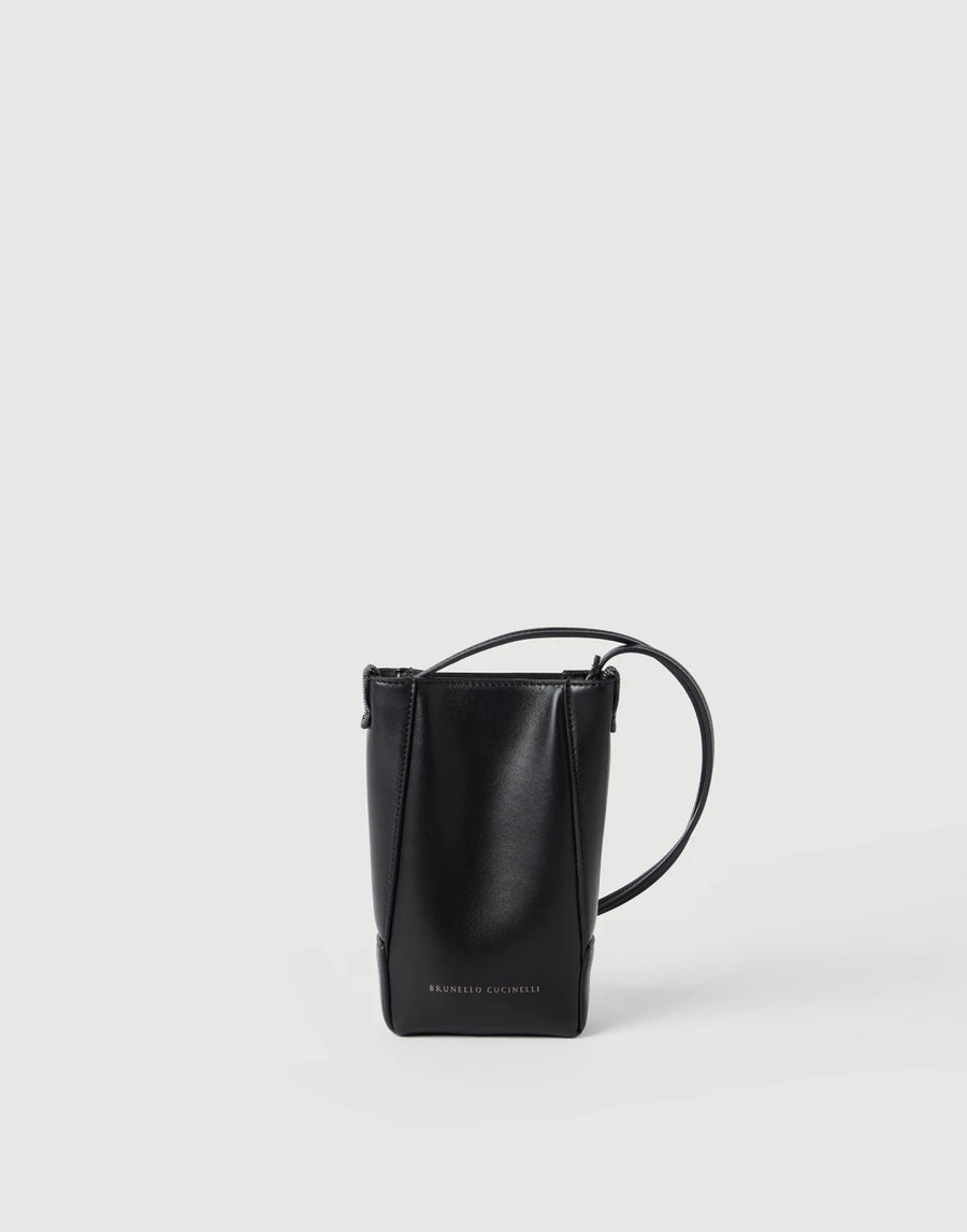 BRUNELLO CUCINELLI PHONE HOLDER IN CALFSKIN WITH MONILI - BLACK