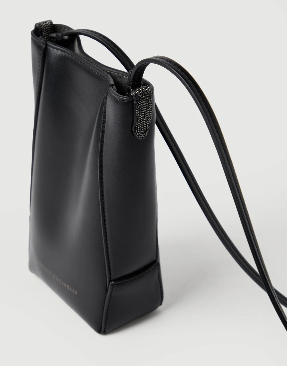 BRUNELLO CUCINELLI PHONE HOLDER IN CALFSKIN WITH MONILI - BLACK