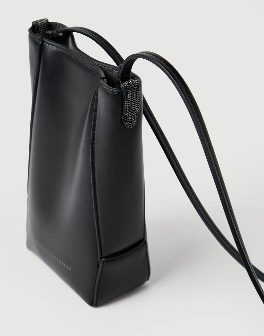 BRUNELLO CUCINELLI PHONE HOLDER IN CALFSKIN WITH MONILI - BLACK