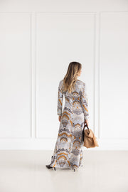 Galia Long Dress in Camel and Ice Blue Print