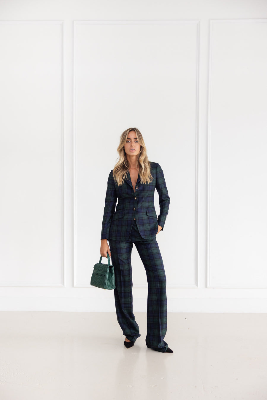 Diane Firsten Plaid Wool Pant in Green & Navy